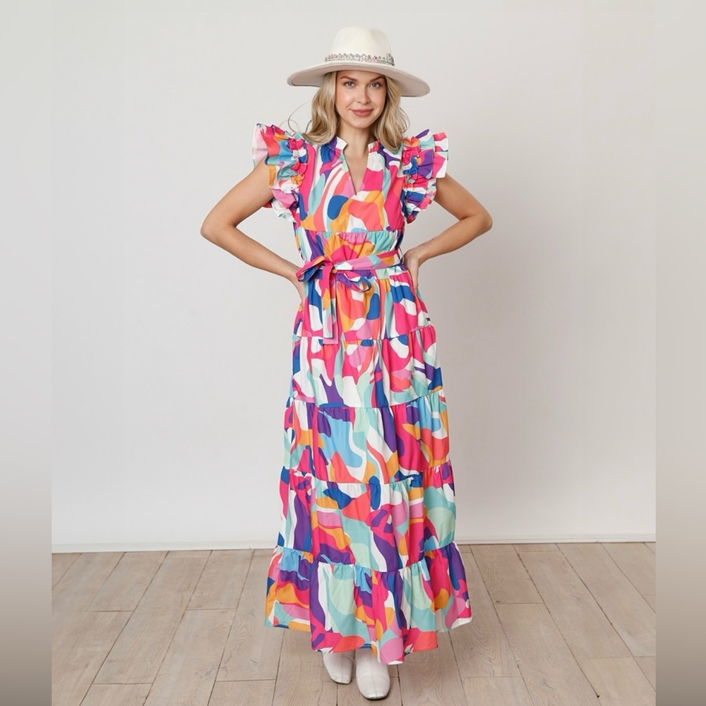 NWT Fantastic Fawn Abstract Ruffled Maxi Dress